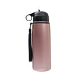 Pink water bottle with black cap and handle on a white background