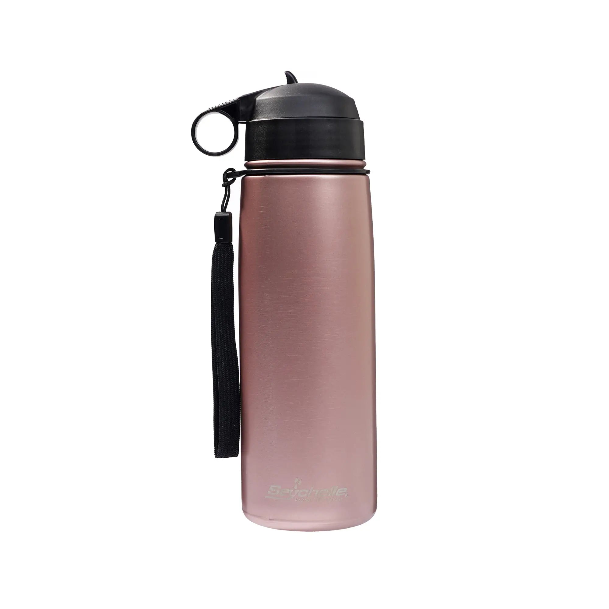 Pink water bottle with black cap and handle on a white background