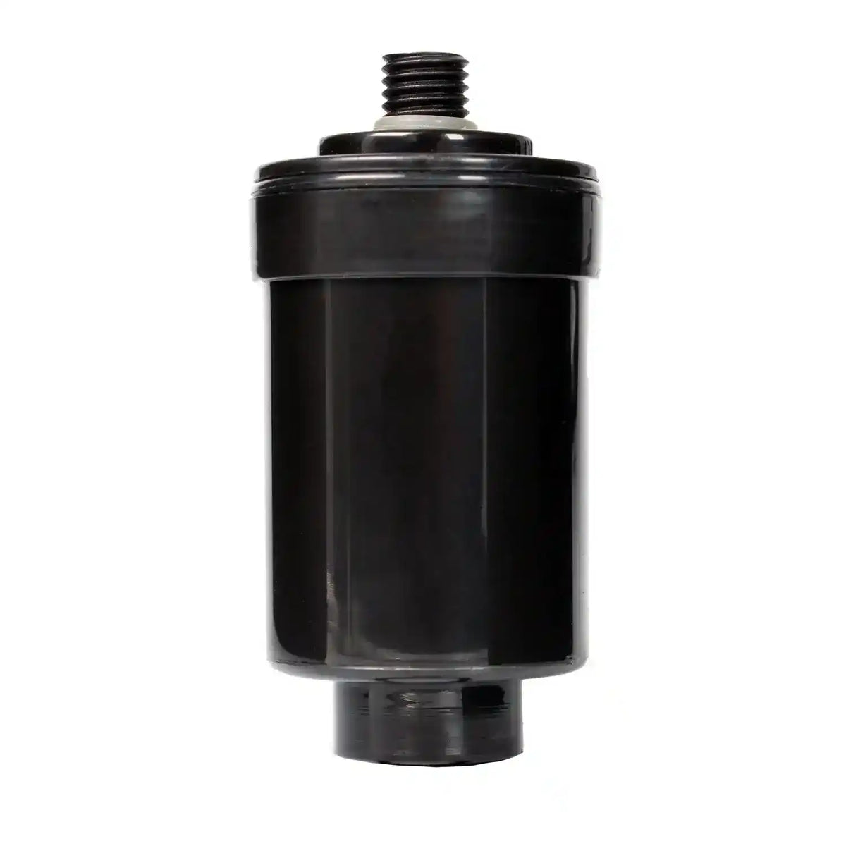 Black cylindrical filter with threaded ends on a white background