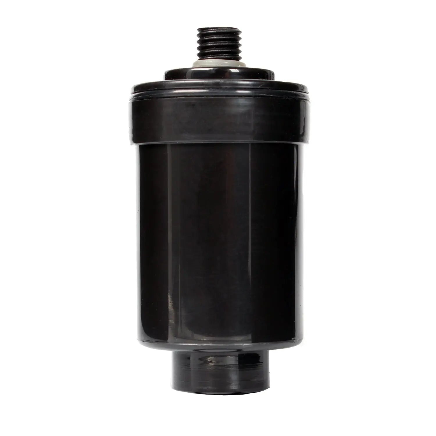 Black cylindrical filter with threaded ends on a white background
