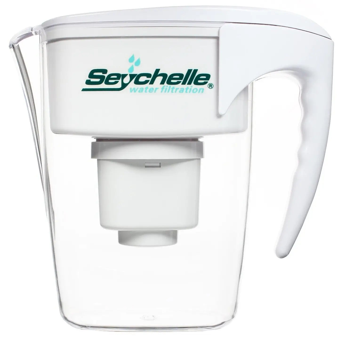 White water filter pitcher with 'Seychelle' branding on a white background