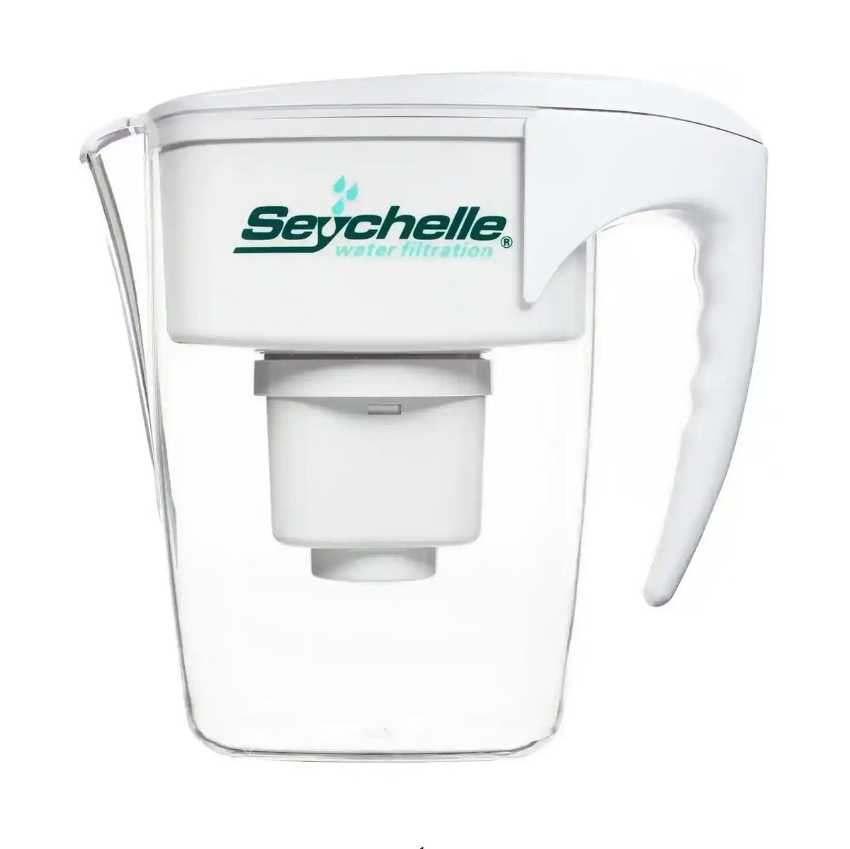 A Seychelle water filter pitcher with a clear plastic body, white lid and handle, and a white filter cartridge inside. The Seychelle brand logo is printed in green and blue on the front of the white lid.