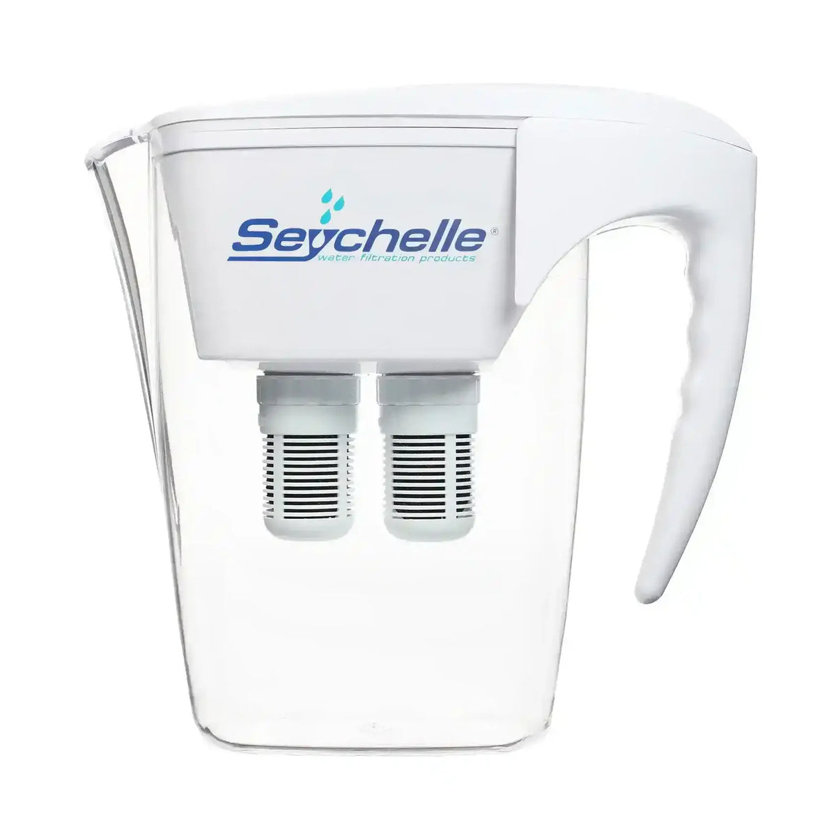 White water filter pitcher with 'Seychelle' branding on a white background