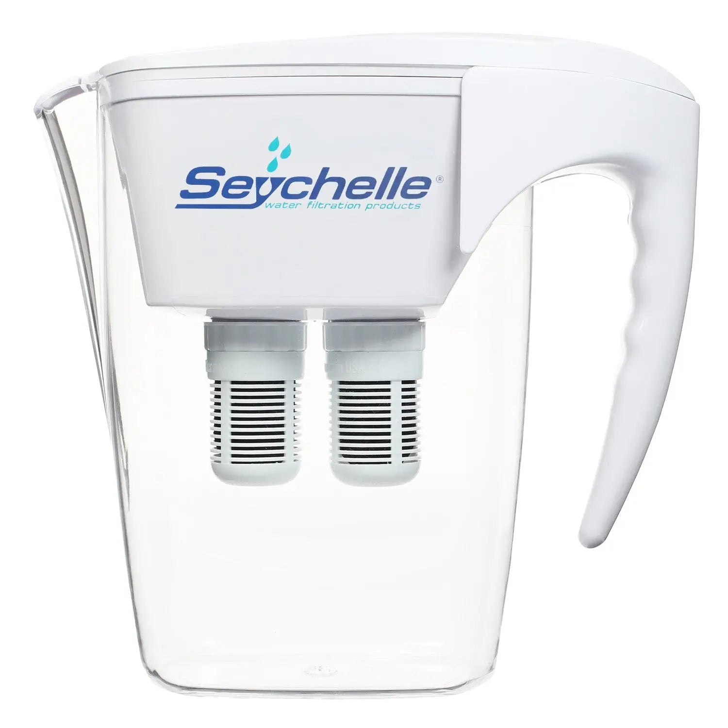 White water filter pitcher with Seychelle branding on a white background