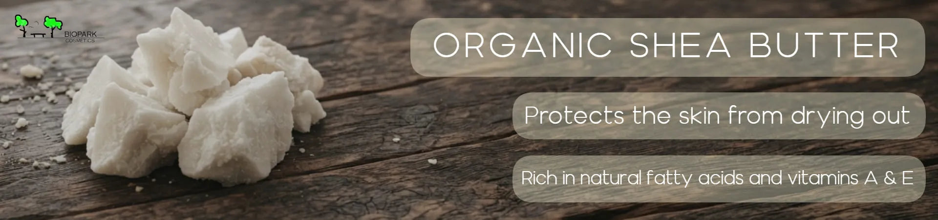 Organic shea butter chunks displayed on a rustic wooden surface next to text overlays that describe its benefits for dry skin.
