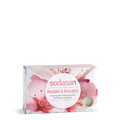 A rectangular box of sodasan Mandel & Avocado hand and body cream, decorated with pink flowers and a white circular label, set against a plain white background.