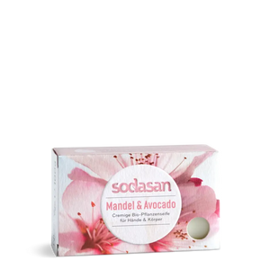 A rectangular box of sodasan Mandel & Avocado hand and body cream, decorated with pink flowers and a white circular label, set against a plain white background.