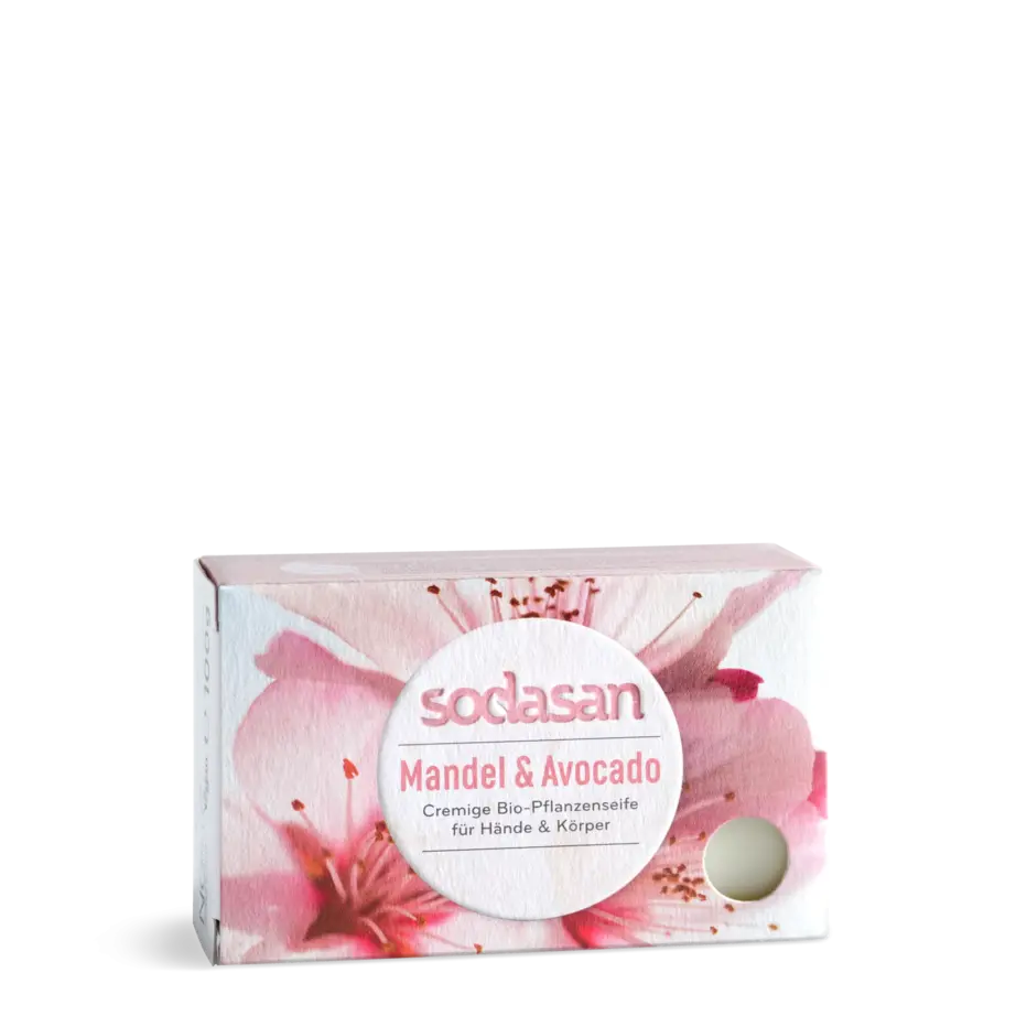 A rectangular box of sodasan Mandel & Avocado hand and body cream, decorated with pink flowers and a white circular label, set against a plain white background.