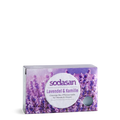 A rectangular product box for sodasan Lavendel & Kamille hand and body cream, featuring a purple lavender floral design and a white circular label, set against a plain white background.