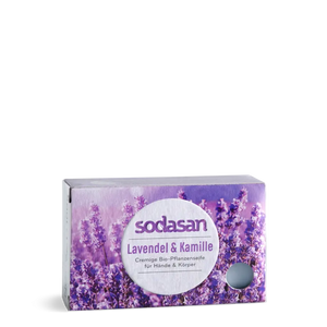 A rectangular product box for sodasan Lavendel & Kamille hand and body cream, featuring a purple lavender floral design and a white circular label, set against a plain white background.