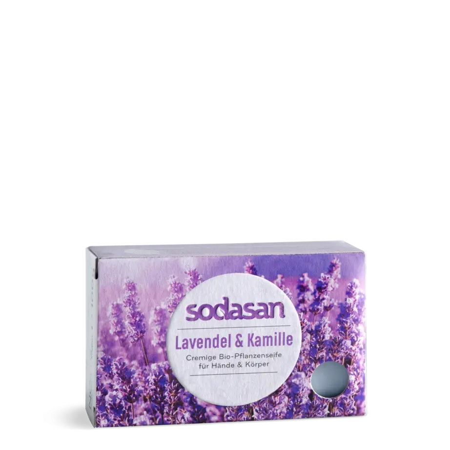 A rectangular product box for sodasan Lavendel & Kamille hand and body cream, featuring a purple lavender floral design and a white circular label, set against a plain white background.