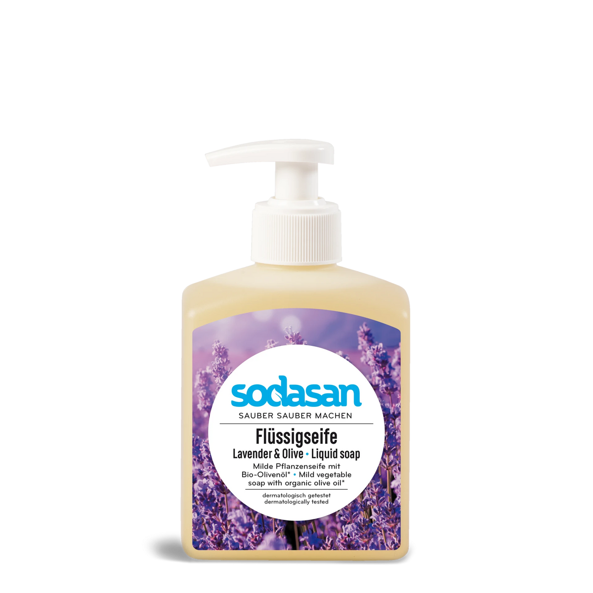 A bottle of Sodasan Lavender & Olive+ Liquid Soap with a white pump dispenser, featuring a purple lavender and olive floral label on a white background.