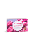 Sodasan Rose & Geranium hand and body cream soap in a rectangular box with a pink rose floral design and a central white oval label.
