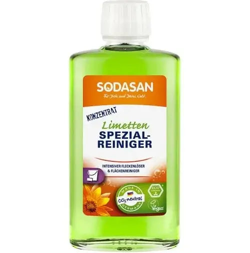 Sodasan cleaning concentrate bottle with green liquid on a white background