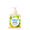 A bottle of Sodasan Citrus & Olive Liquid Soap with a white pump dispenser, featuring a label with yellow citrus and green olive leaves on a white background.