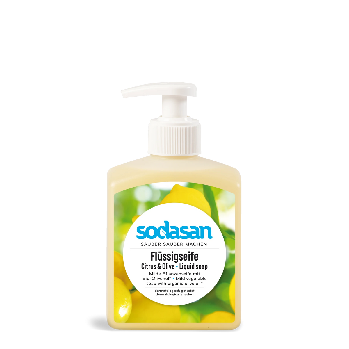 A bottle of Sodasan Citrus & Olive Liquid Soap with a white pump dispenser, featuring a label with yellow citrus and green olive leaves on a white background.
