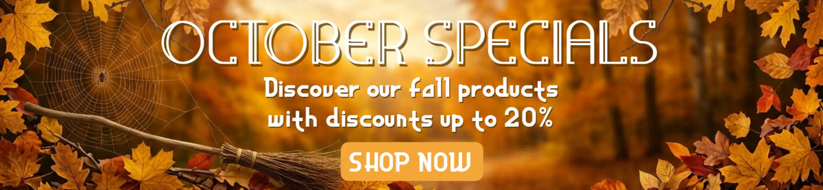 A promotional banner with autumn-themed leaves and a broom in a forest scene, featuring the text 'OCTOBER SPECIALS' and 'Discover our fall products with discounts up to 20%'. A peach button at the bottom reads 'SHOP NOW'.