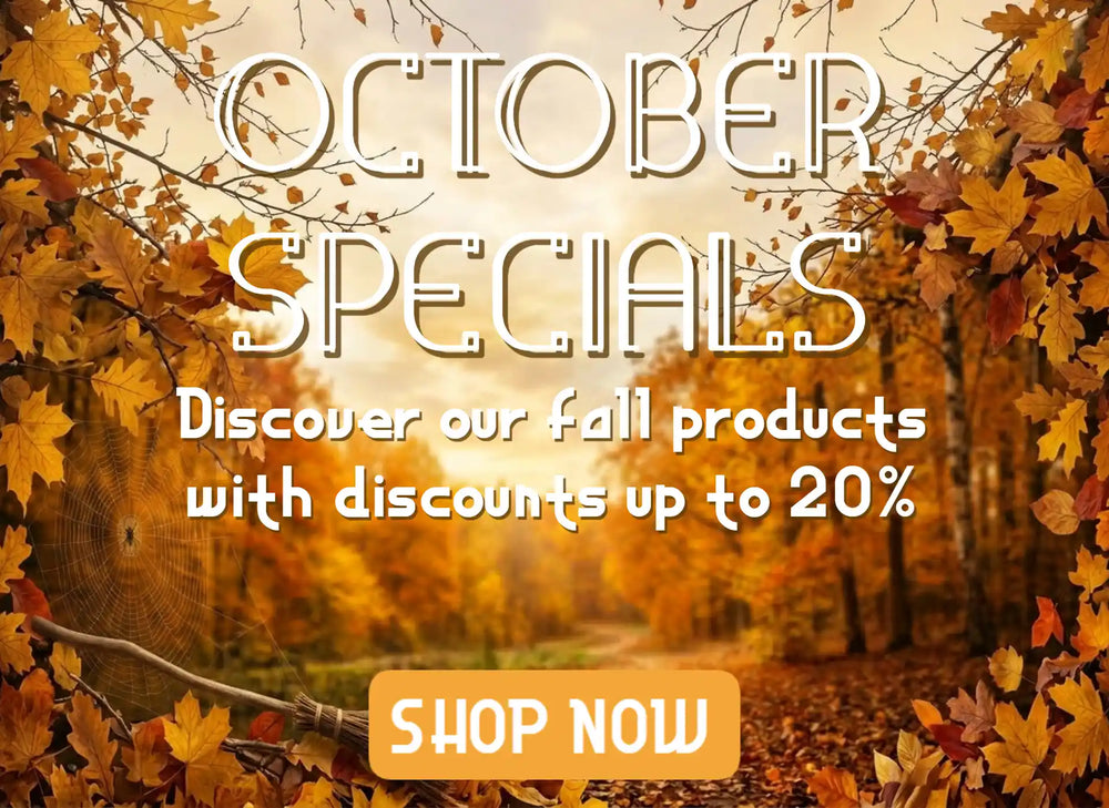 Promotional banner with the text 'OCTOBER SPECIALS' and 'Discover our fall products with discounts up to 20%' over an autumn forest scene with orange and yellow leaves, plus a 'SHOP NOW' button.